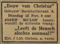Advertentie voor een lezing van Jozef Rulof in het Forestershuis aan de Sarphatistraat 8 in Amsterdam