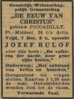 Krantenadvertentie voor een lezing van Jozef Rulof bij Piccadilly in Amsterdam