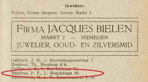 Historisch document uit 1918 van Nijmeegse bedrijven waar ook juwelier Manikus genoemd wordt waar Jozef Rulof heeft gewerkt.